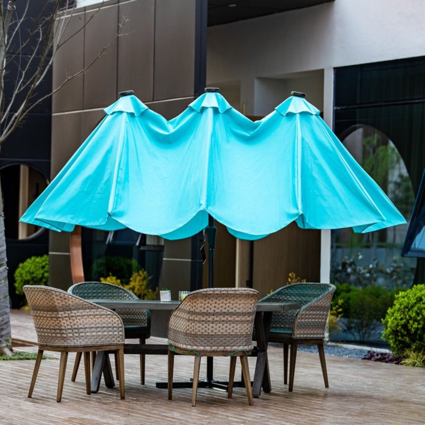 Ainfox 15ft Large Patio Umbrella with Solar Lights, Double-Sided Outdoor Rectangle Table Umbrellas with 48 LED Lights,Blue